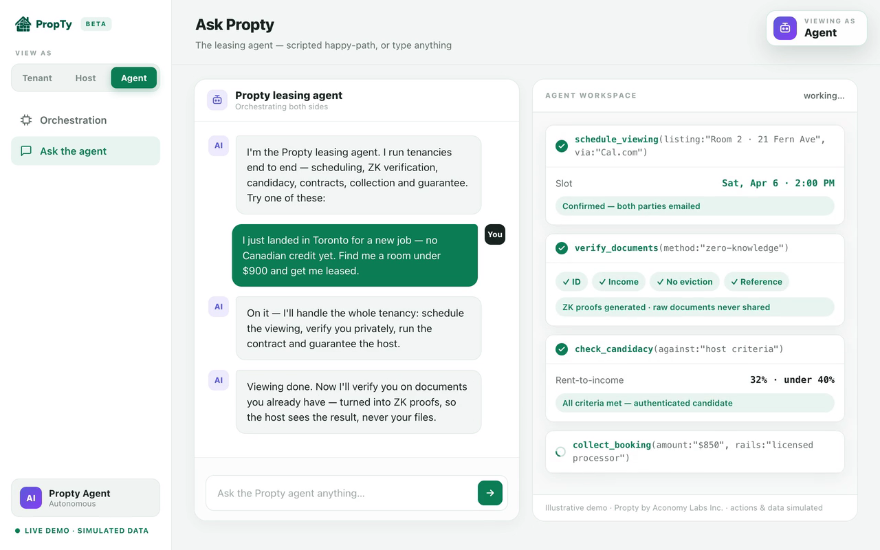 Propty product demo — the leasing agent schedules a viewing, ZK-verifies the tenant's documents, checks candidacy, collects the booking, generates and e-signs the Ontario lease, then guarantees the host's payout.